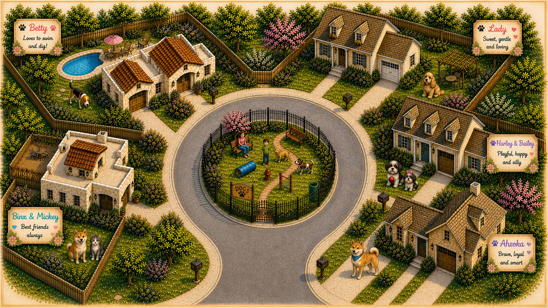 Illustrated Pawprint Village map with rescue pets, homes, gardens, and signs